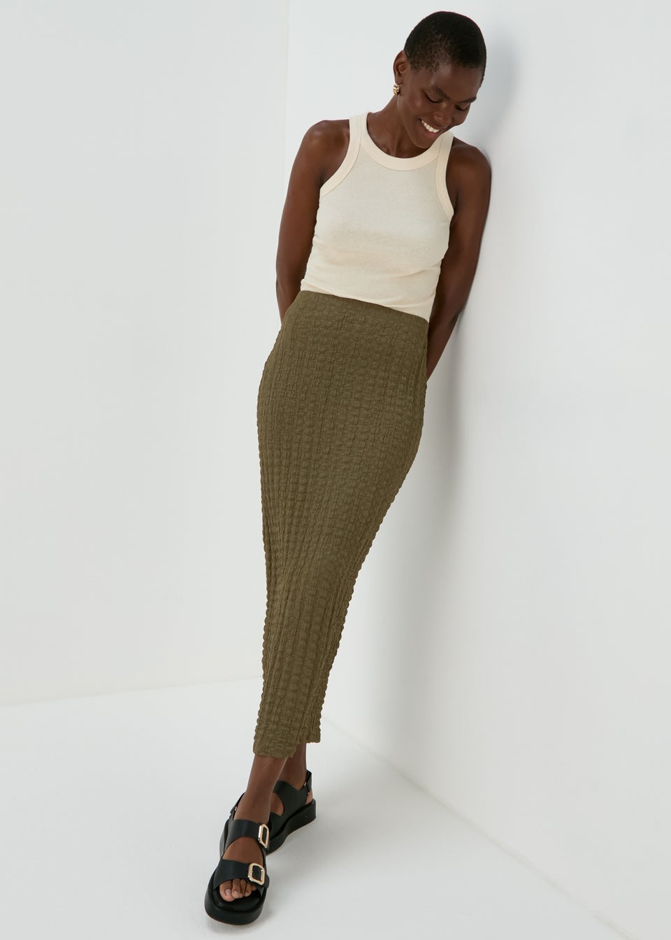 Papaya Khaki Hyper Texture Midaxi Skirt