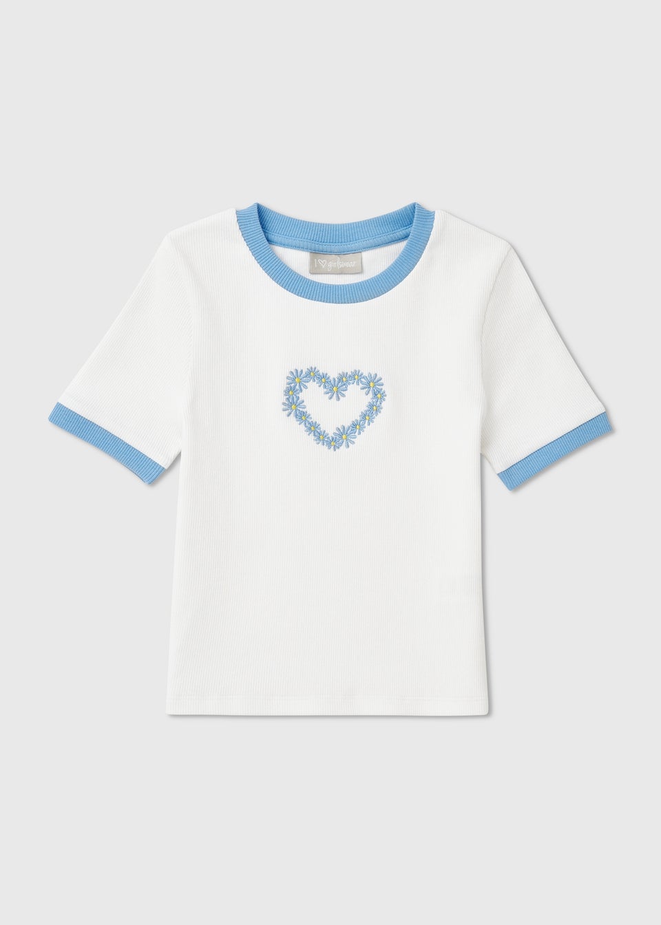 Girls Light Blue Daisy Heart Ringer T-Shirt (7-15yrs)