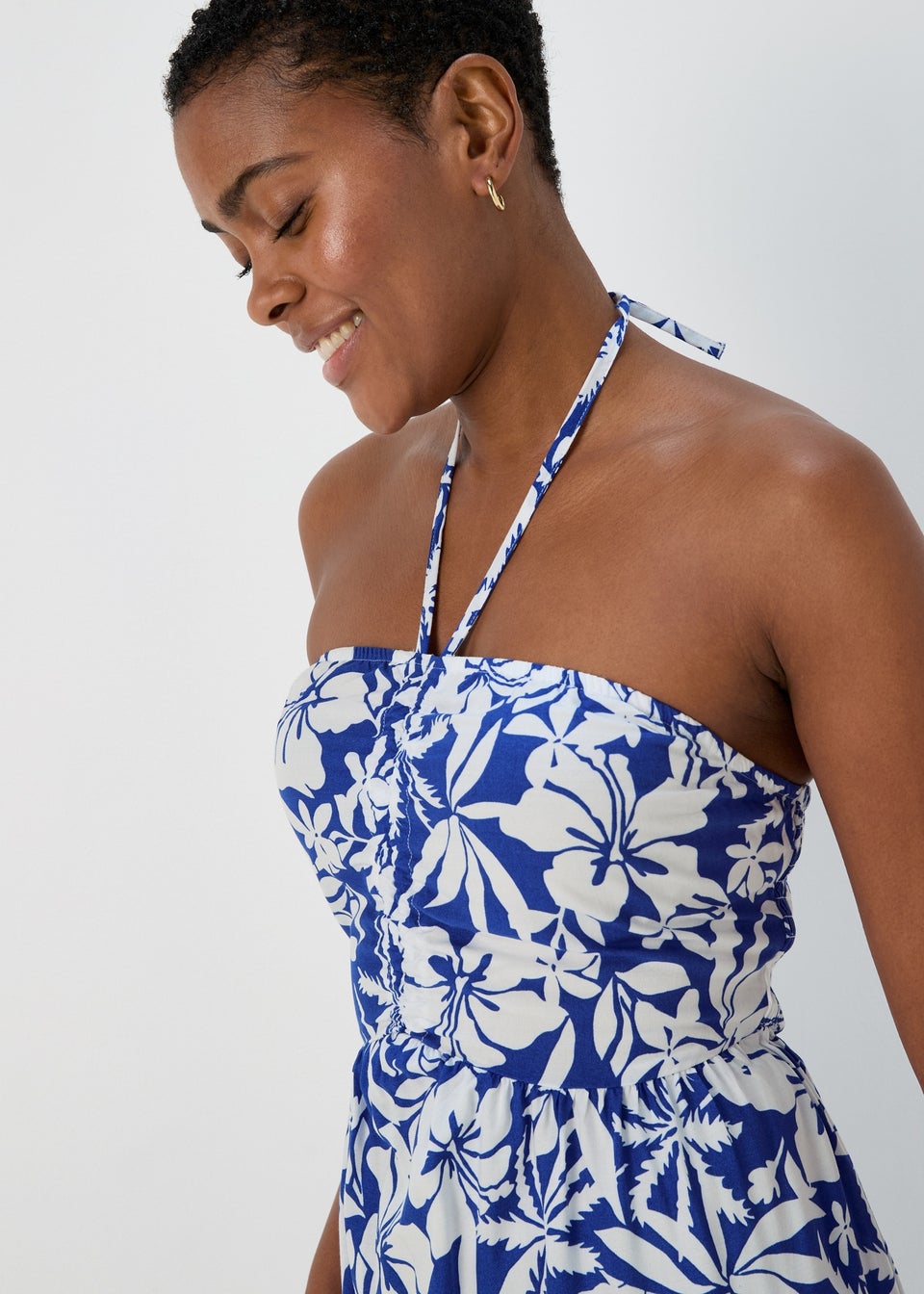Blue Floral Bandeau Ruched Midi Dress