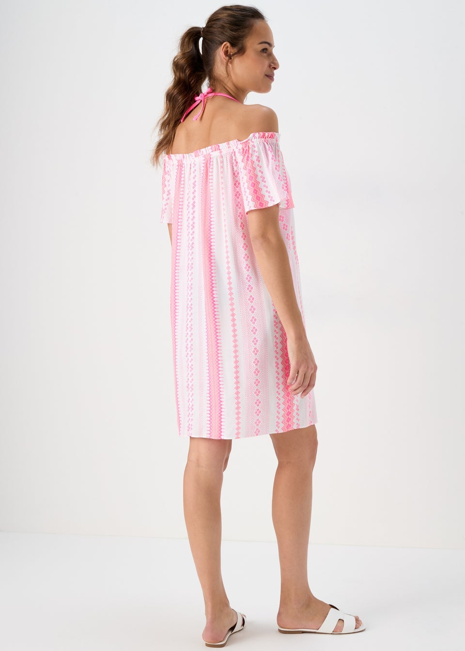 Pink Jacquard Bardot Viscose Mini Dress