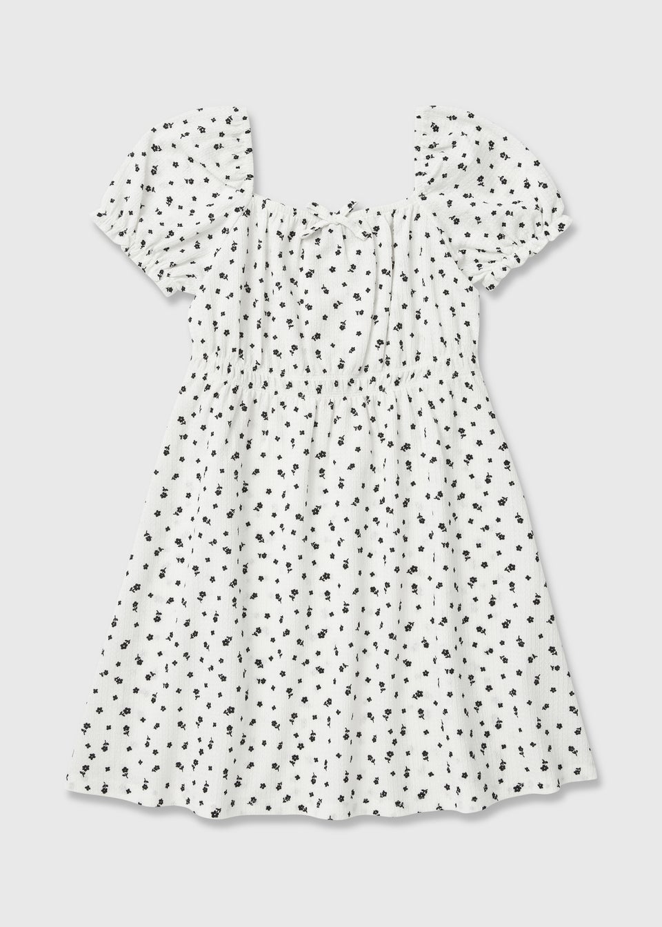Girls White Mono Floral Crinkle Dress (7-13yrs)