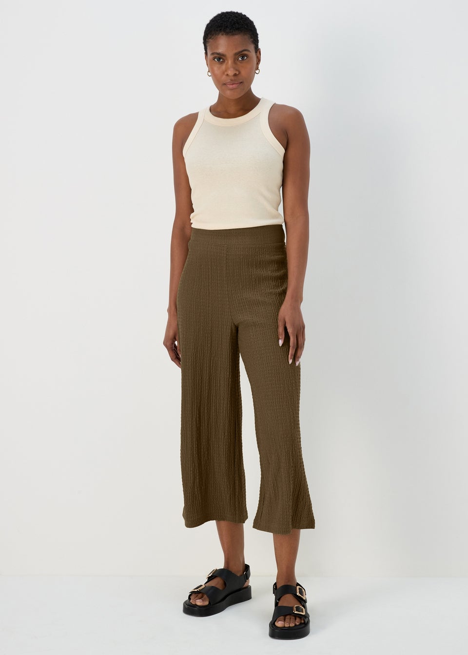 Khaki Textured Cropped Trousers