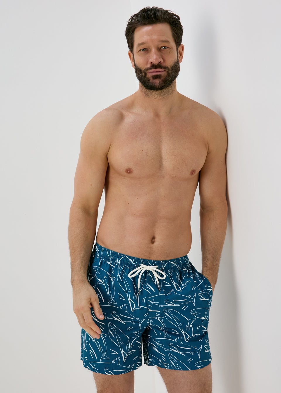 Navy Shark Print Swim Shorts