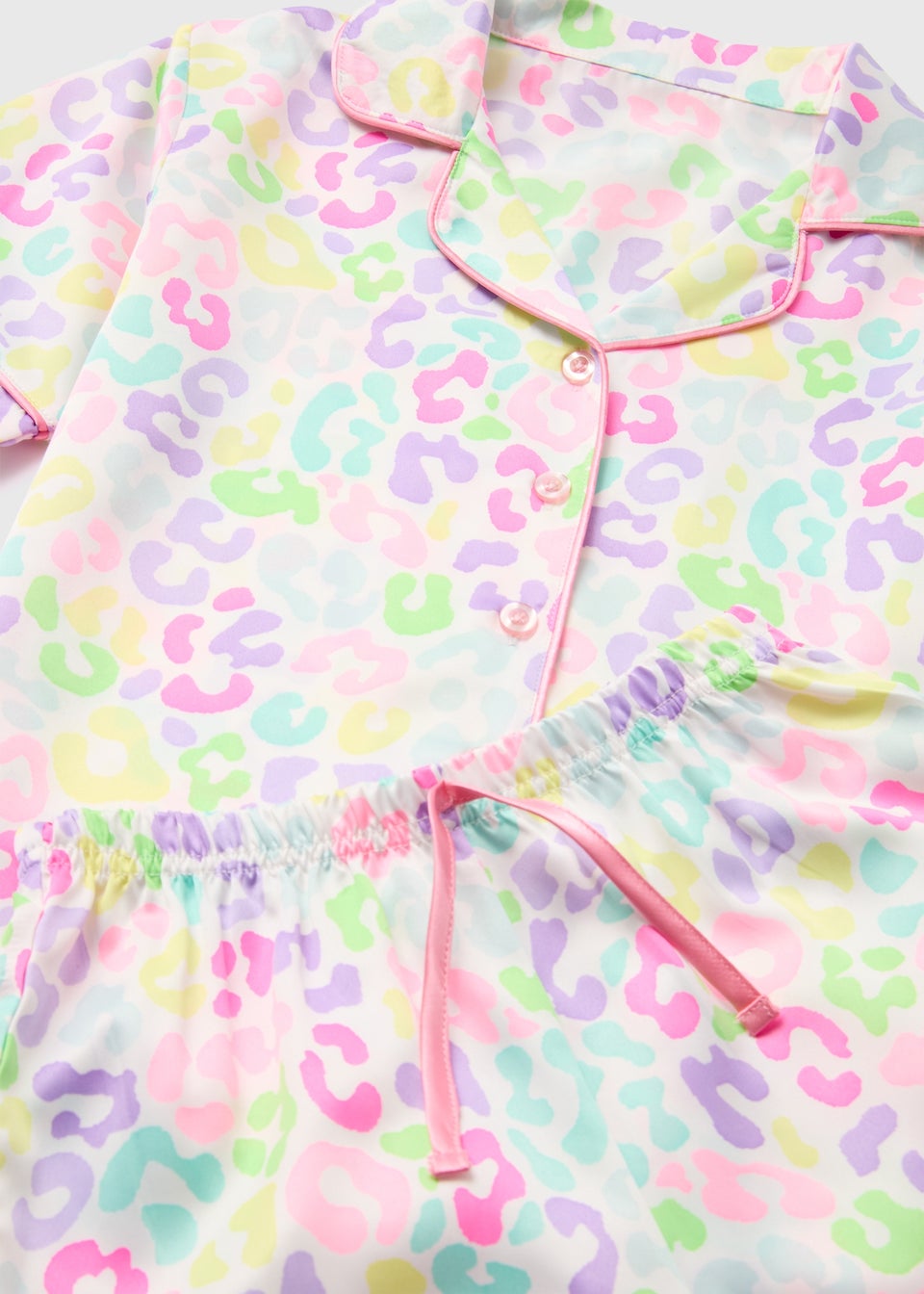 Girls Pink Satin Leopard Print Shortie Pyjama Set (4-13yrs)
