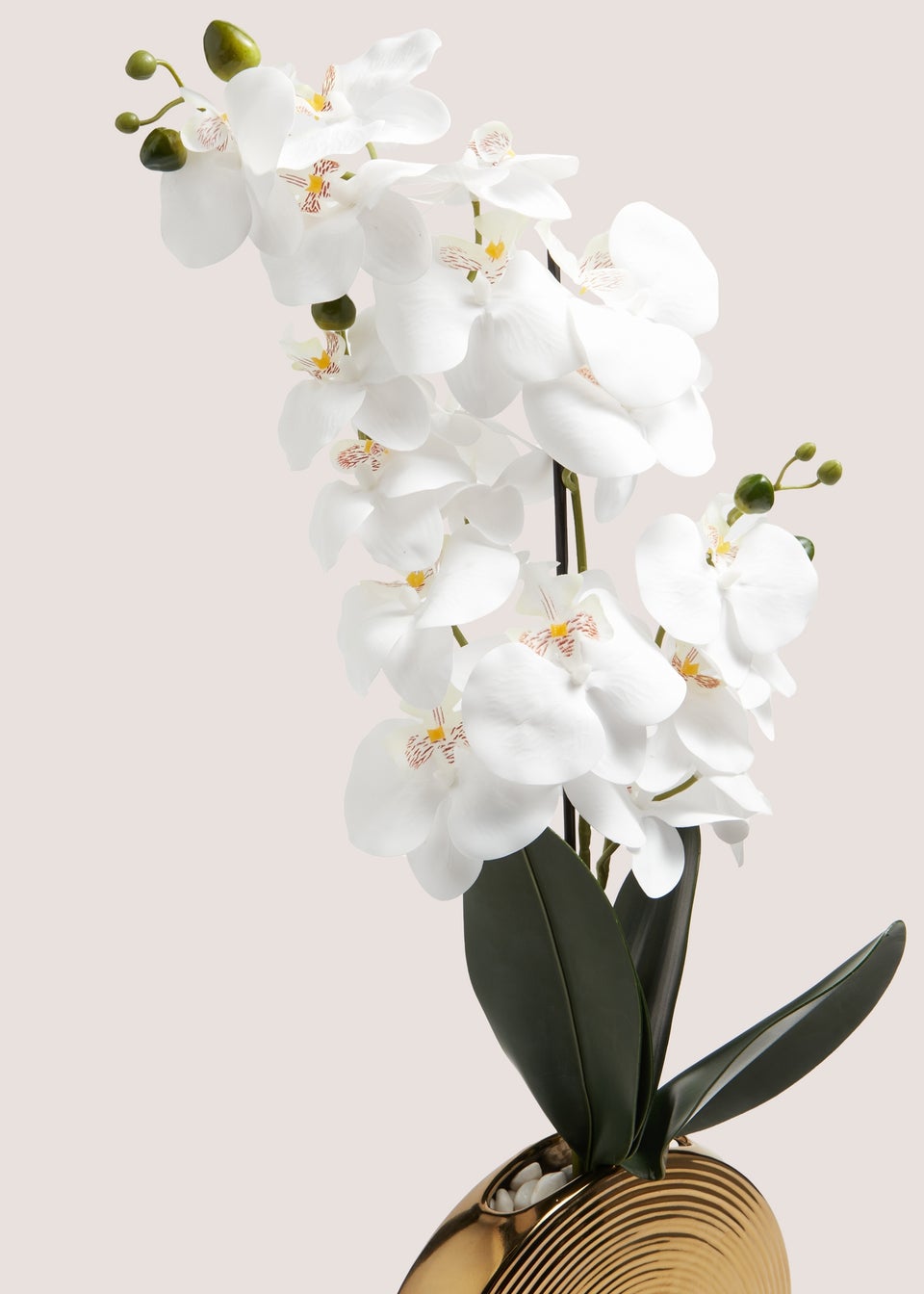White Faux Orchid In Circular Gold Vase (35cm x 26cm x 74cm)