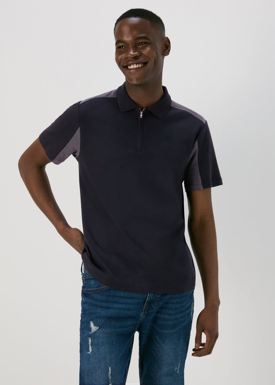 Navy Interlock Panel Polo Shirt Matalan