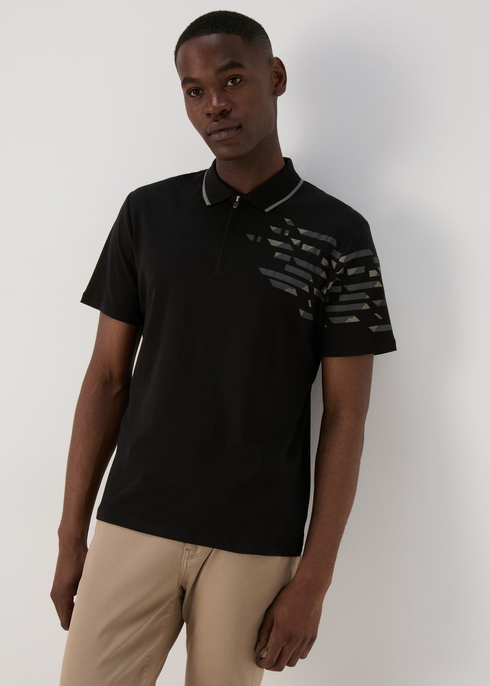 Black Grid Print Polo Shirt