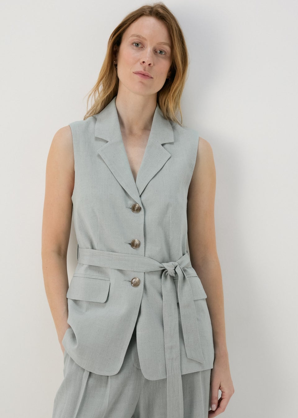 Et Vous Sage Green Belted Linen Waistcoat