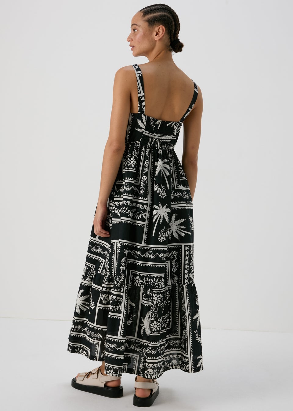 Black Floral Print Strappy Midi Dress