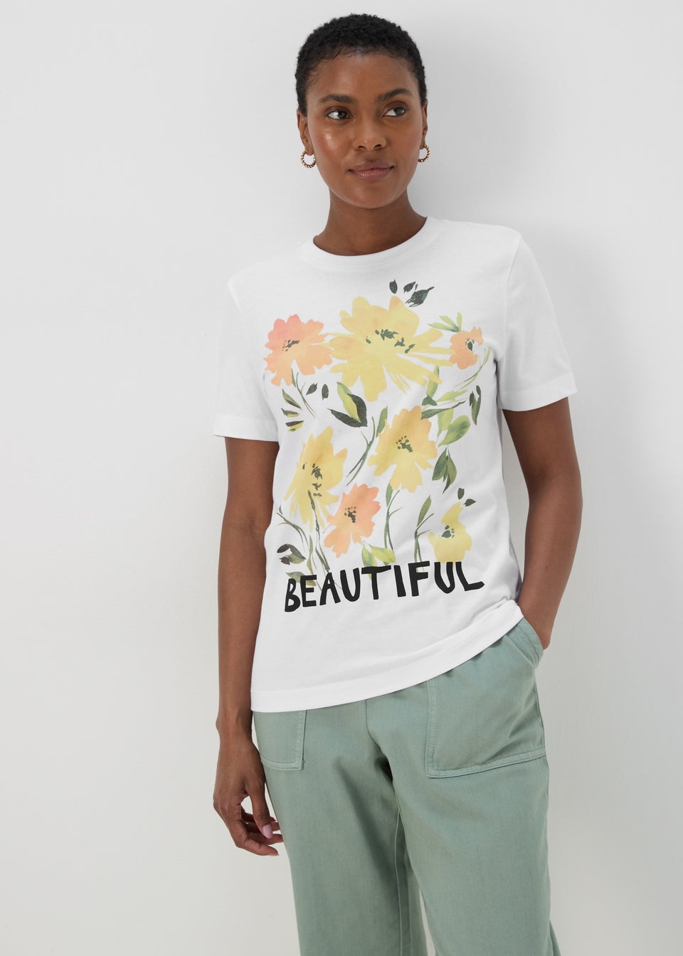 White Floral Print Slogan T-Shirt