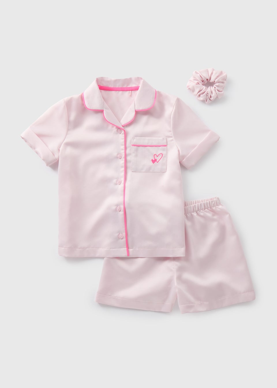 Girls Pink Satin Shortie Pyjama & Scrunchie Set (4-13yrs)