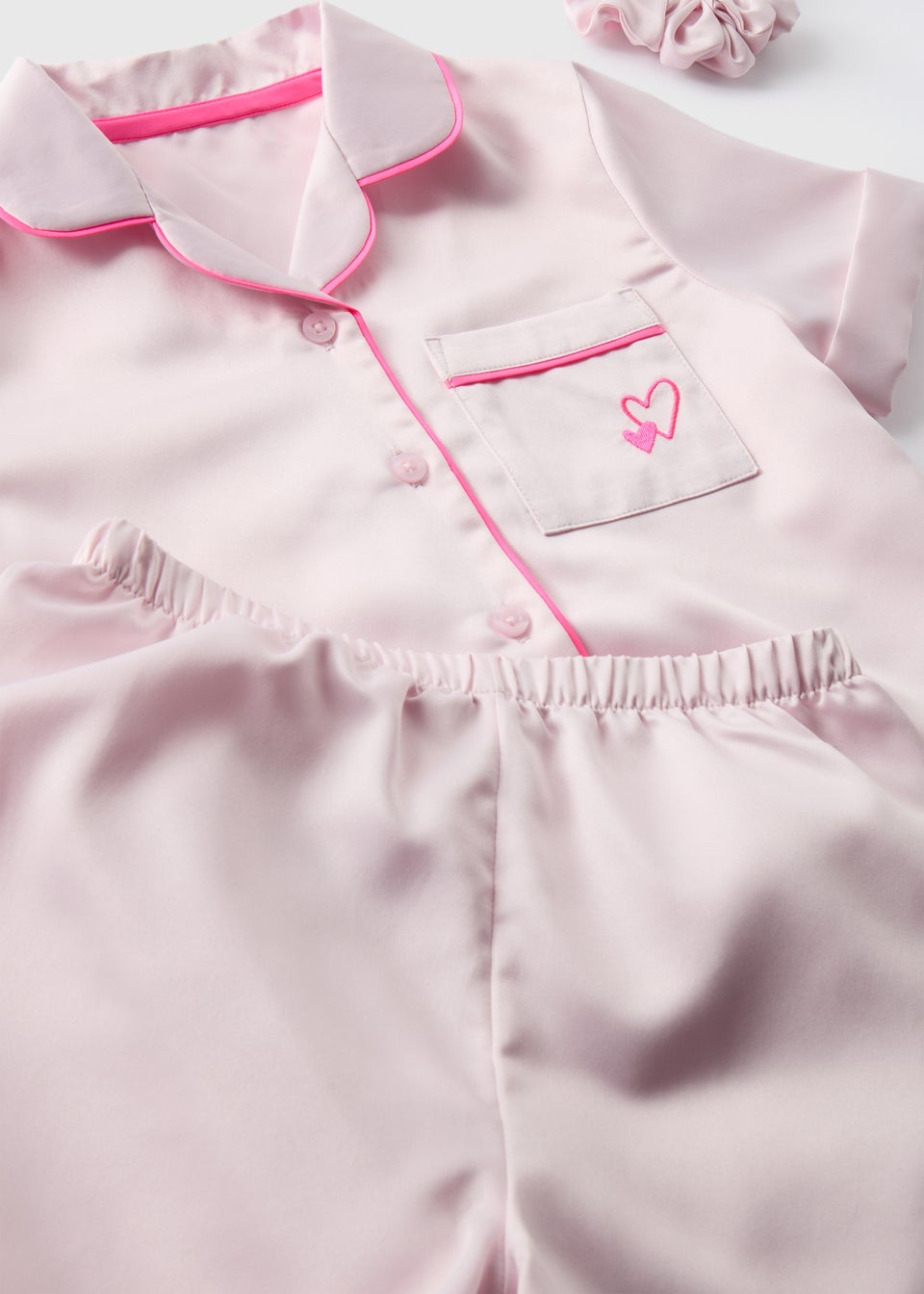 Girls Pink Satin Shortie Pyjama & Scrunchie Set (4-13yrs)