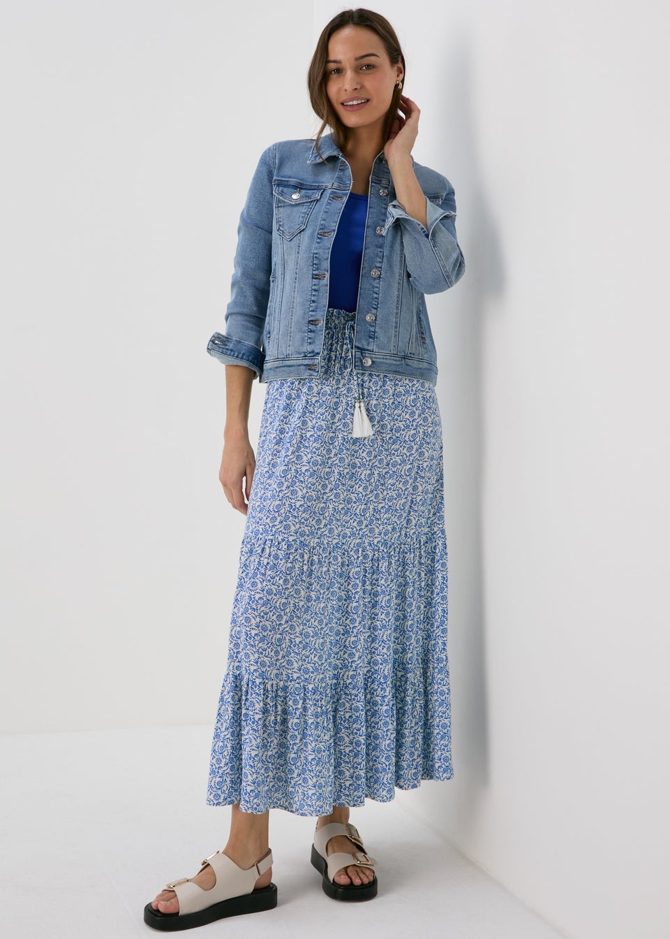 Blue Co Ord Floral Crinkle Viscose Skirt