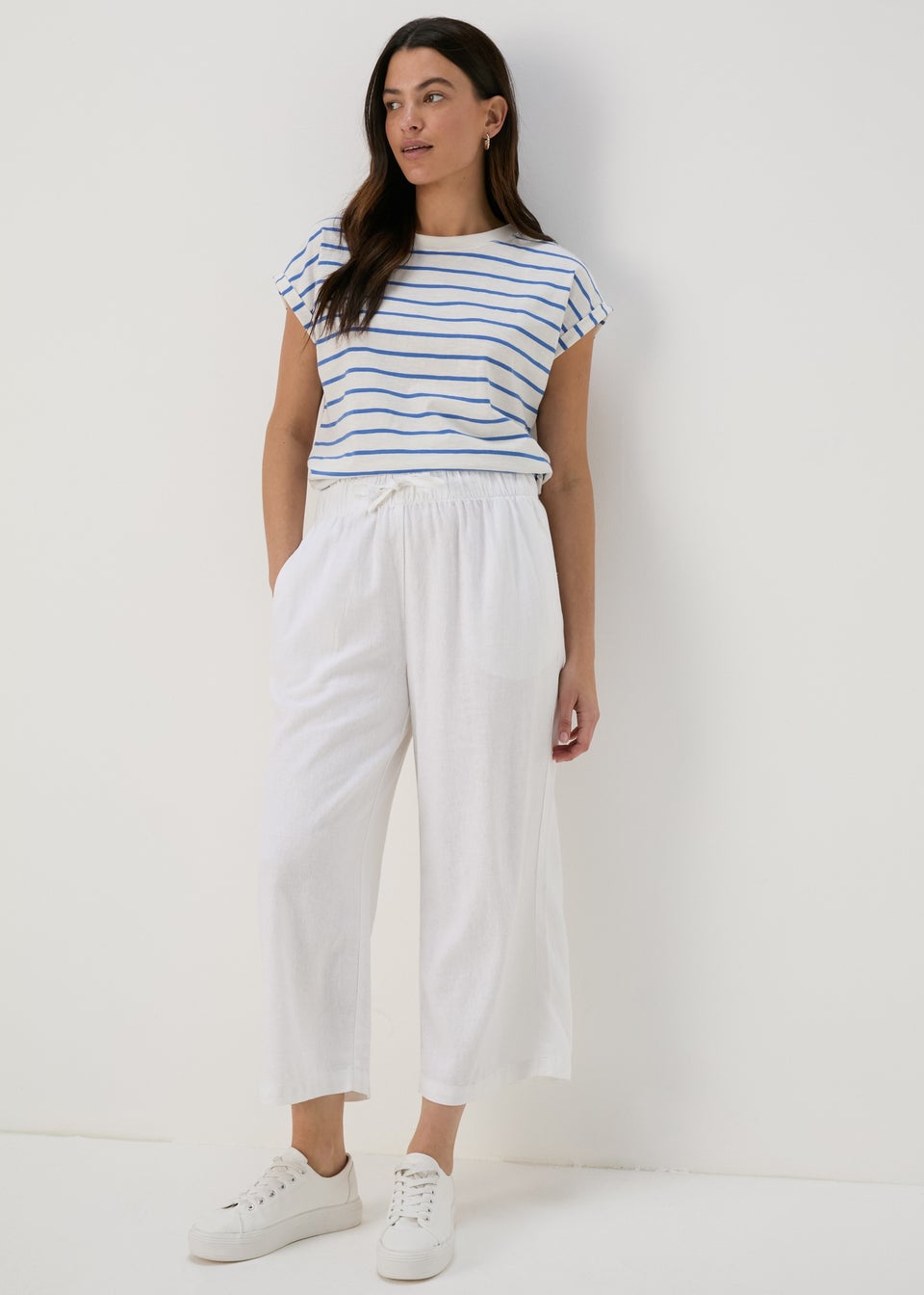 White Linen Wide Leg Crop Trousers Matalan