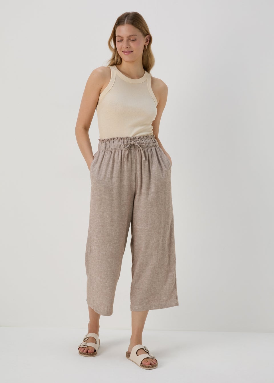 Stone Wide Leg Linen Crop Trousers Matalan