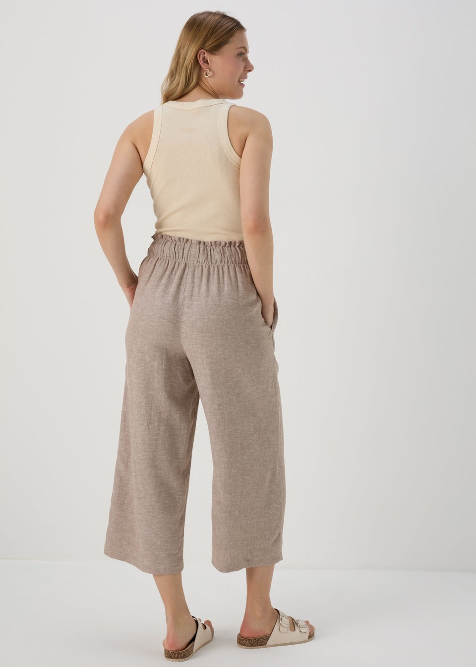 Stone Wide Leg Linen Crop Trousers Matalan