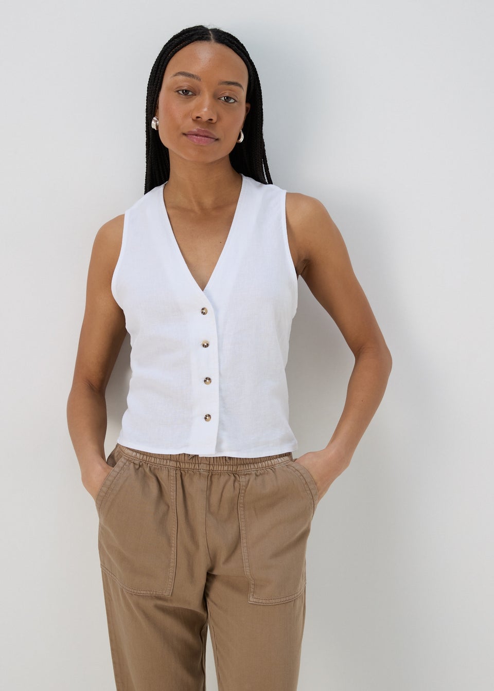 White Solid Linen Button Vest