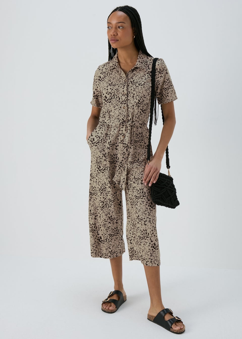 Brown Animal Print Linen Jumpsuit