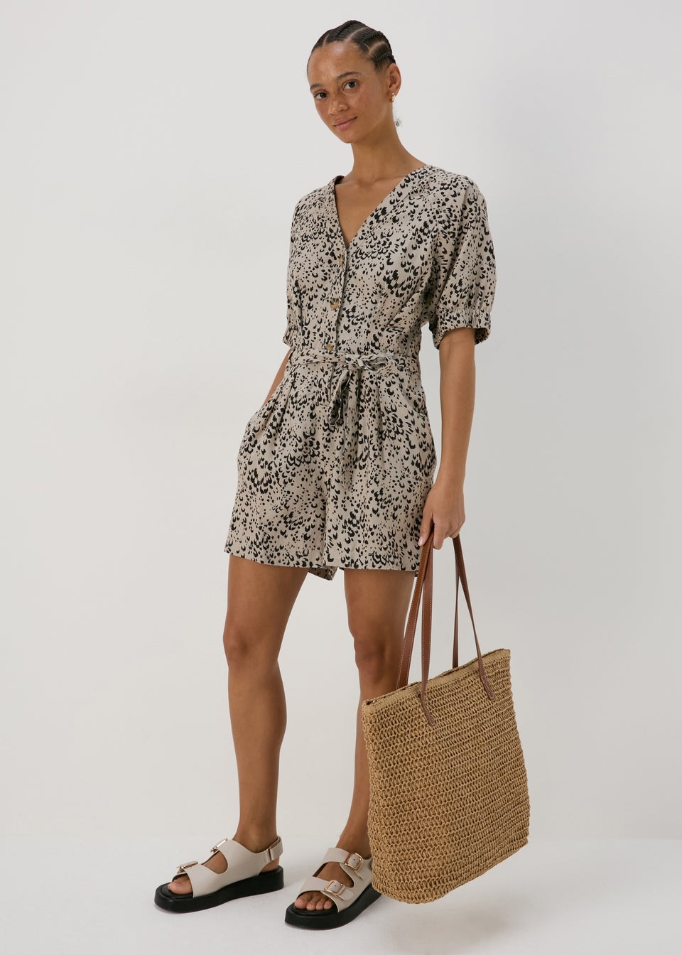 Brown Animal Print Linen Playsuit