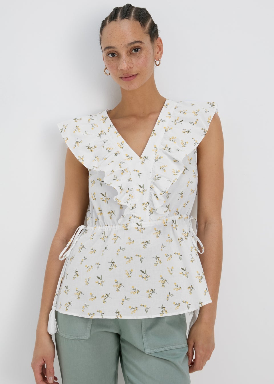 White Floral Print Ruffled Sides Blouse Top