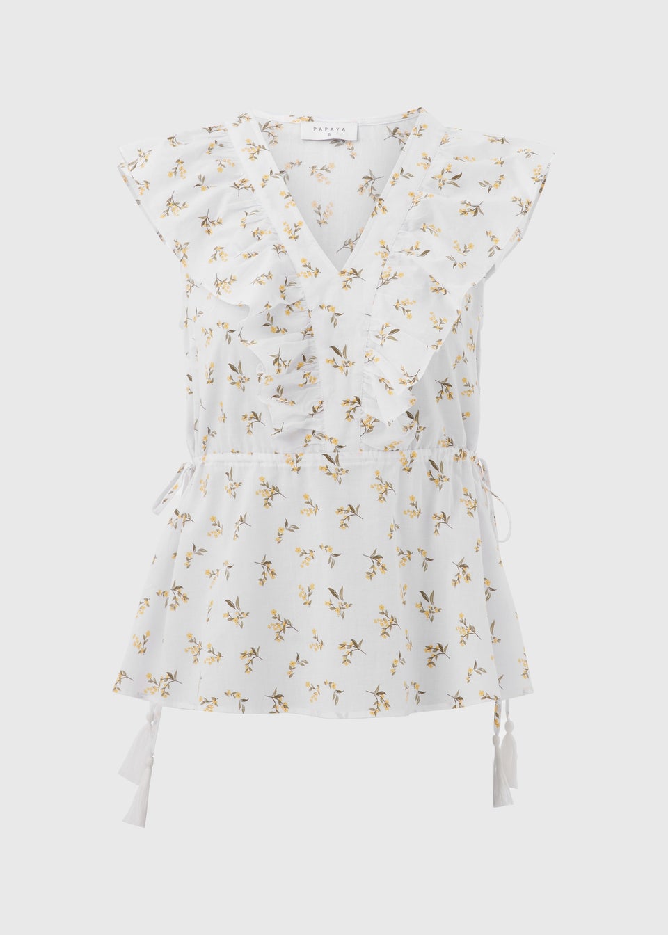 White Floral Print Ruffled Sides Blouse Top