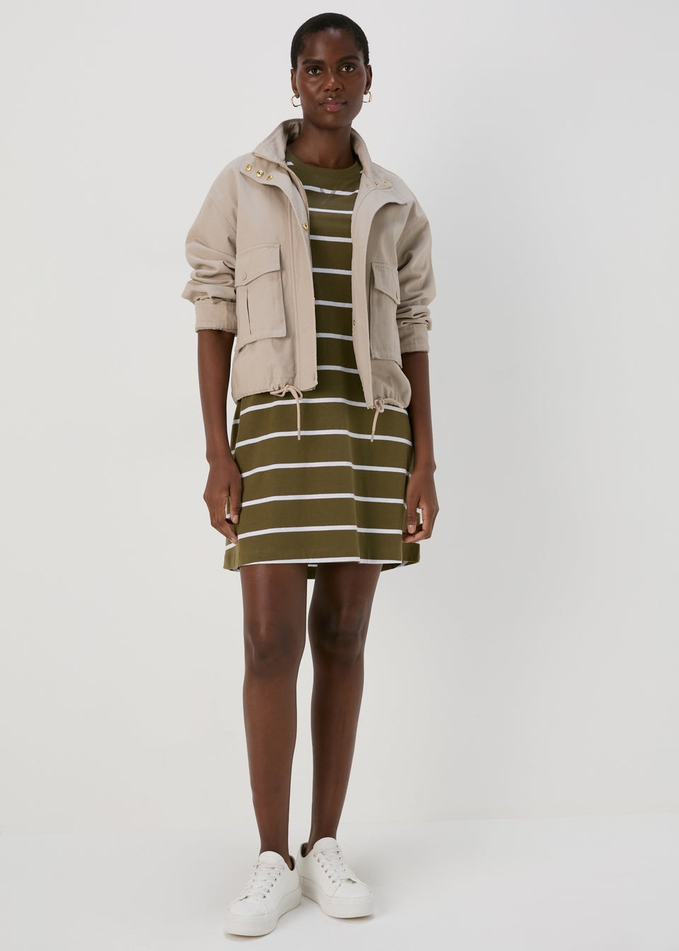 Khaki Stripe Jersey Mini T-Shirt Dress