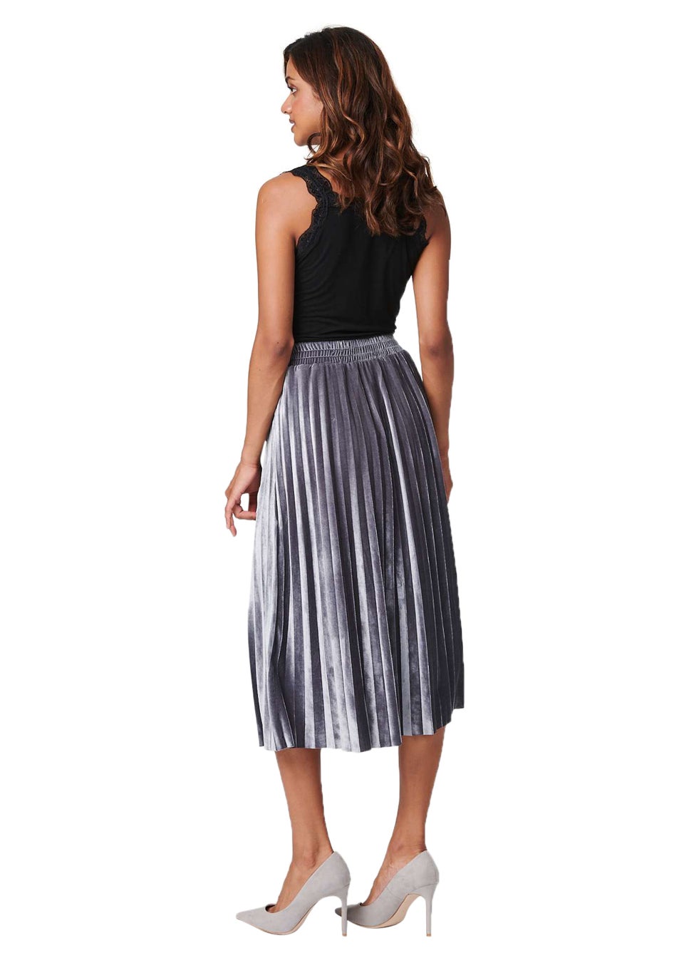 Izabel London Silver High Waist Pleated Midi Skirt