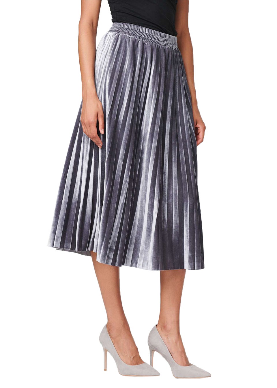 Izabel London Silver High Waist Pleated Midi Skirt