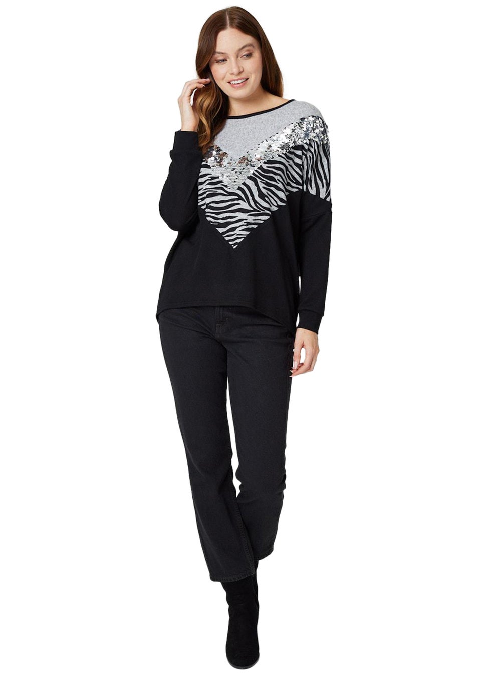 Izabel London Grey Sequin Zebra Colour Block Jumper