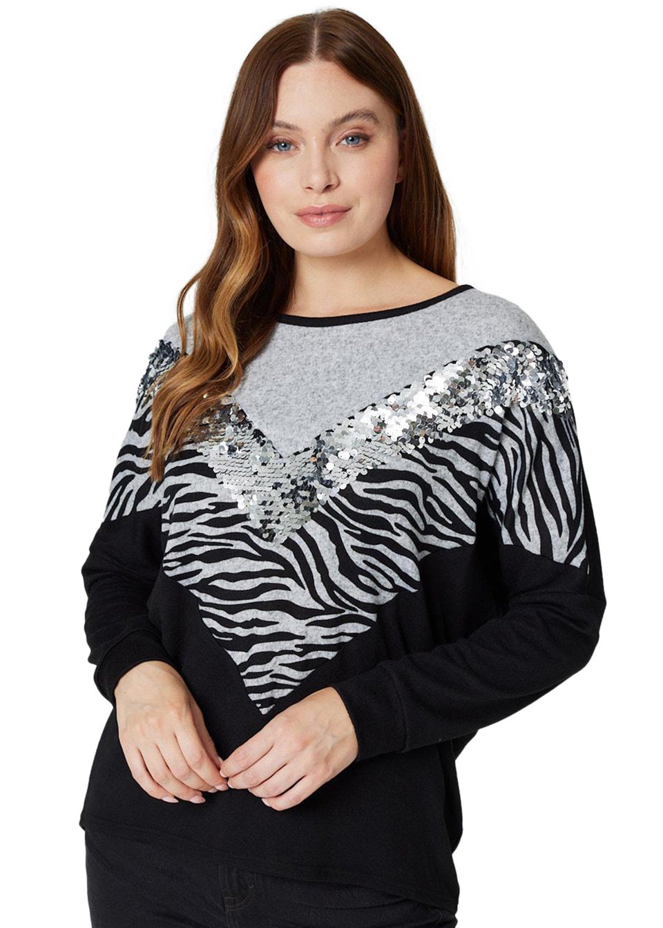 Izabel London Grey Sequin Zebra Colour Block Jumper