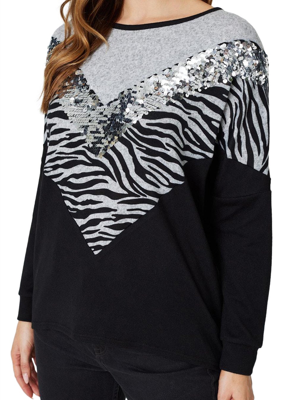 Izabel London Grey Sequin Zebra Colour Block Jumper
