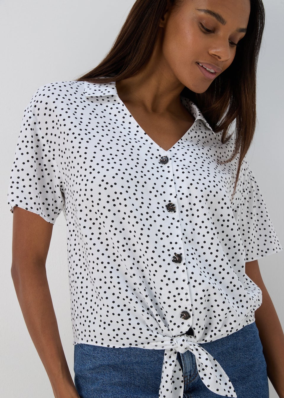 White Spot Print Tie Front Viscose Shirt