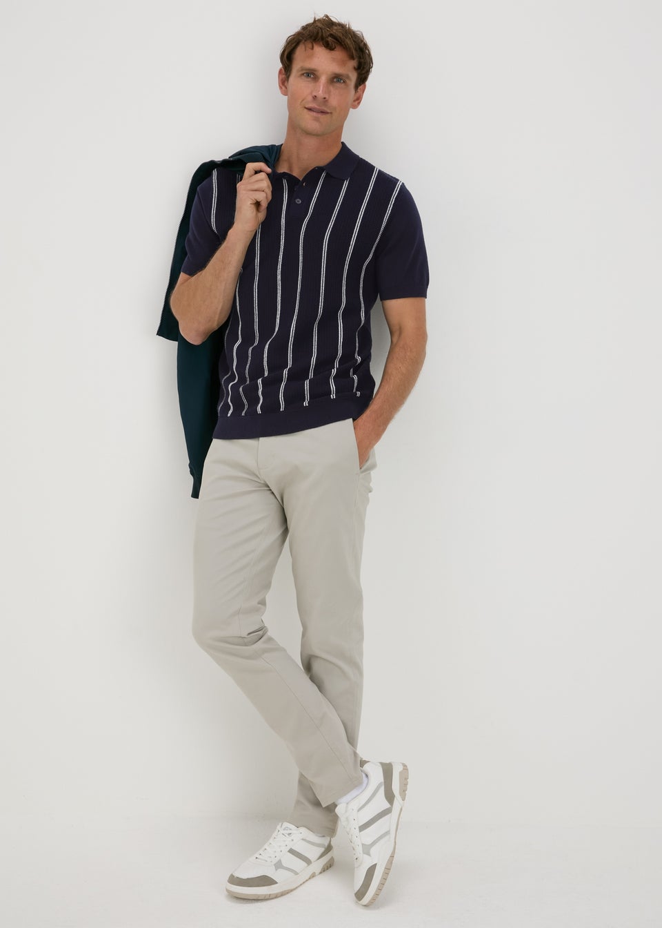 Navy Stripe Texture Knitted Polo Shirt
