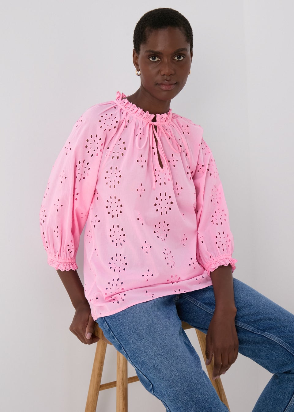 Pink Broid Peasent Blouse Top