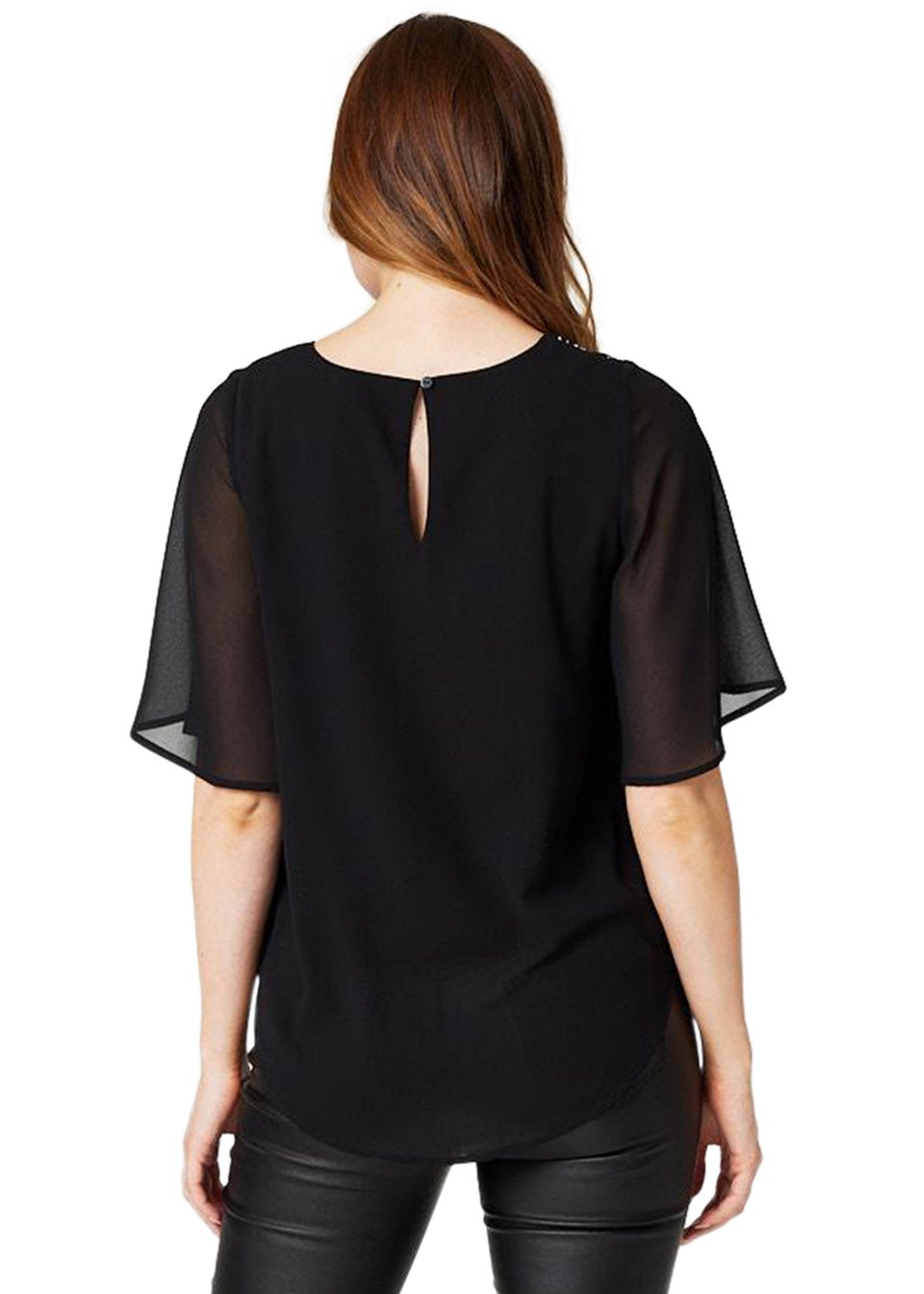 Izabel London Black Embellished Sheer Sleeve Blouse