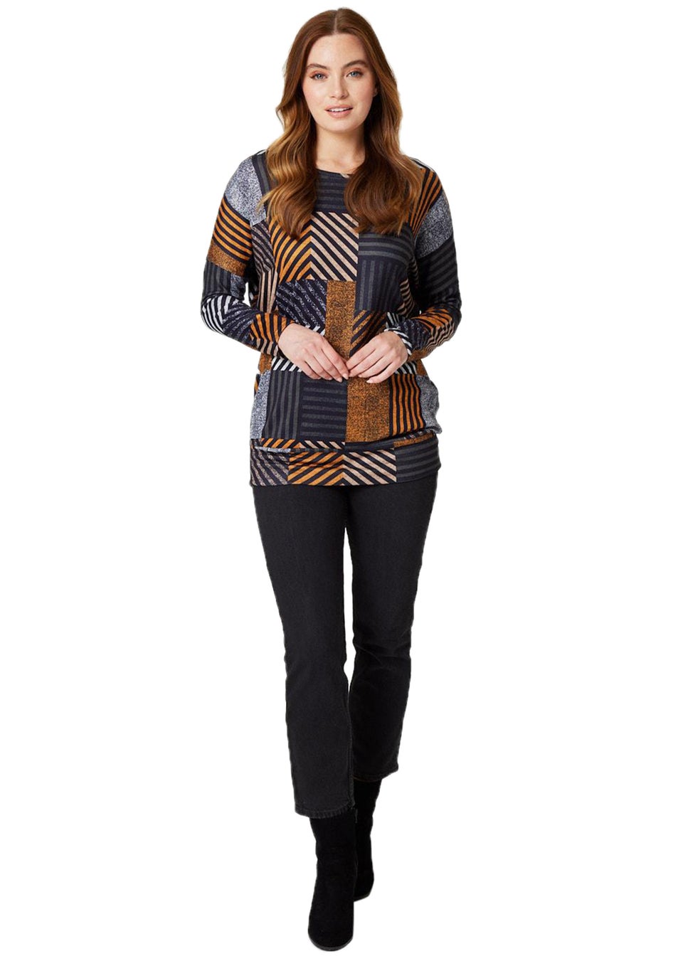 Izabel London Brown Patchwork Print Relaxed Fit Top