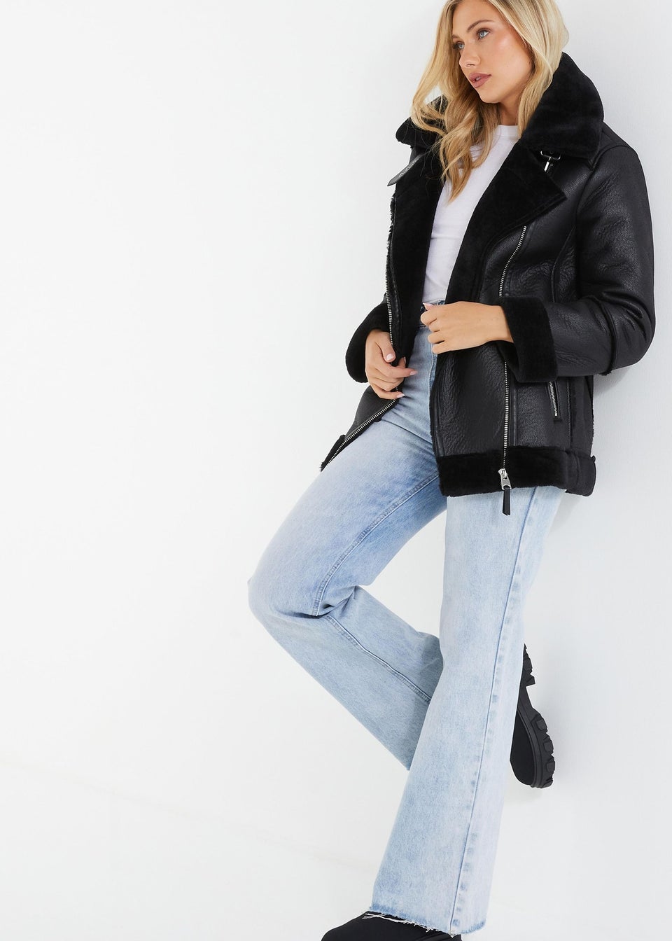 Quiz Black Aviator Faux Fur Jacket