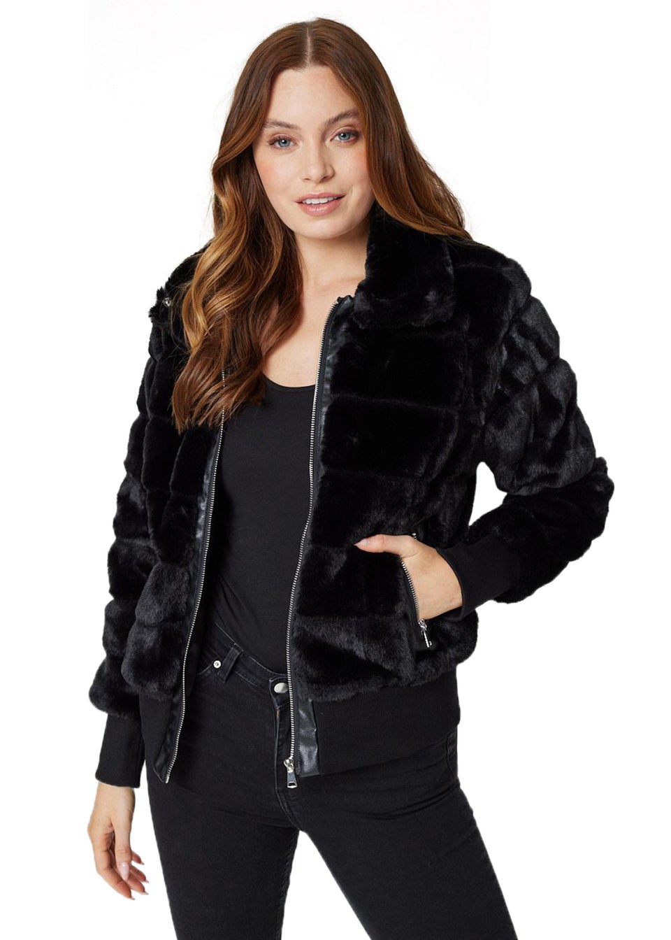 Izabel London Black Faux Fur Zip Front Jacket