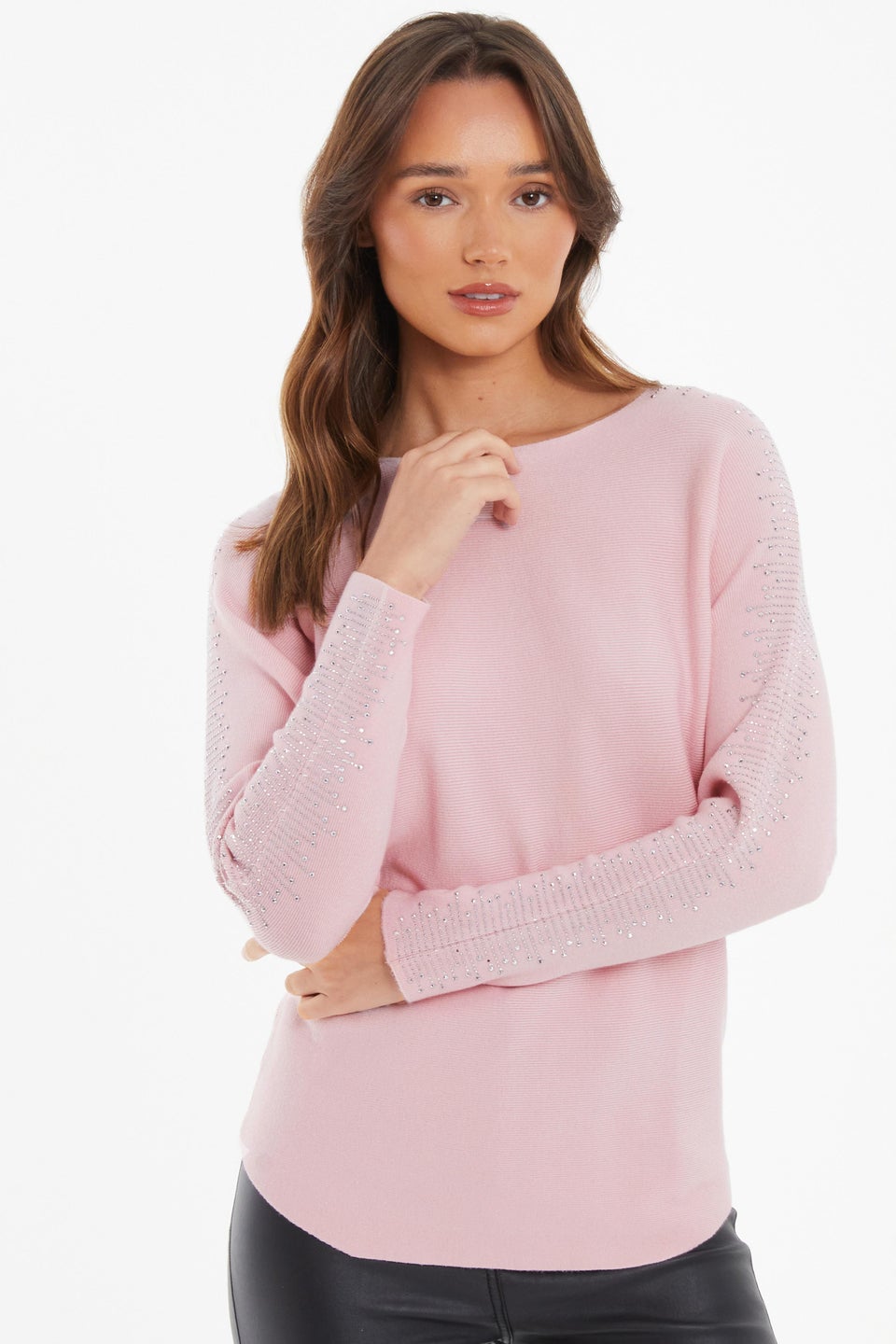 Quiz Pink Light Knit Diamante Sleeve Jumper Matalan