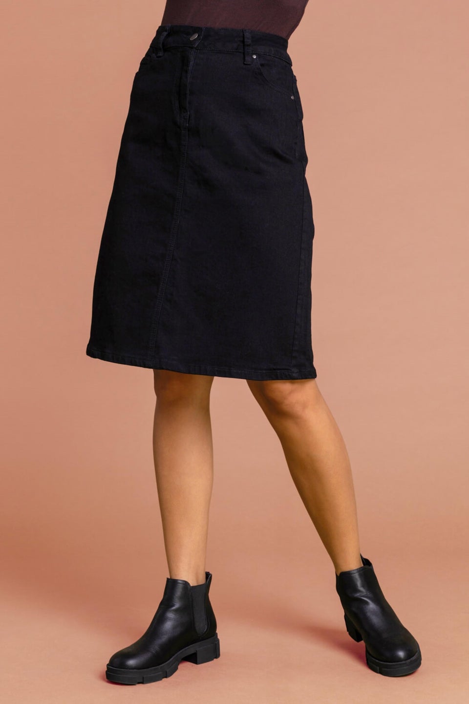 Roman Black Cotton Denim Stretch A line Skirt