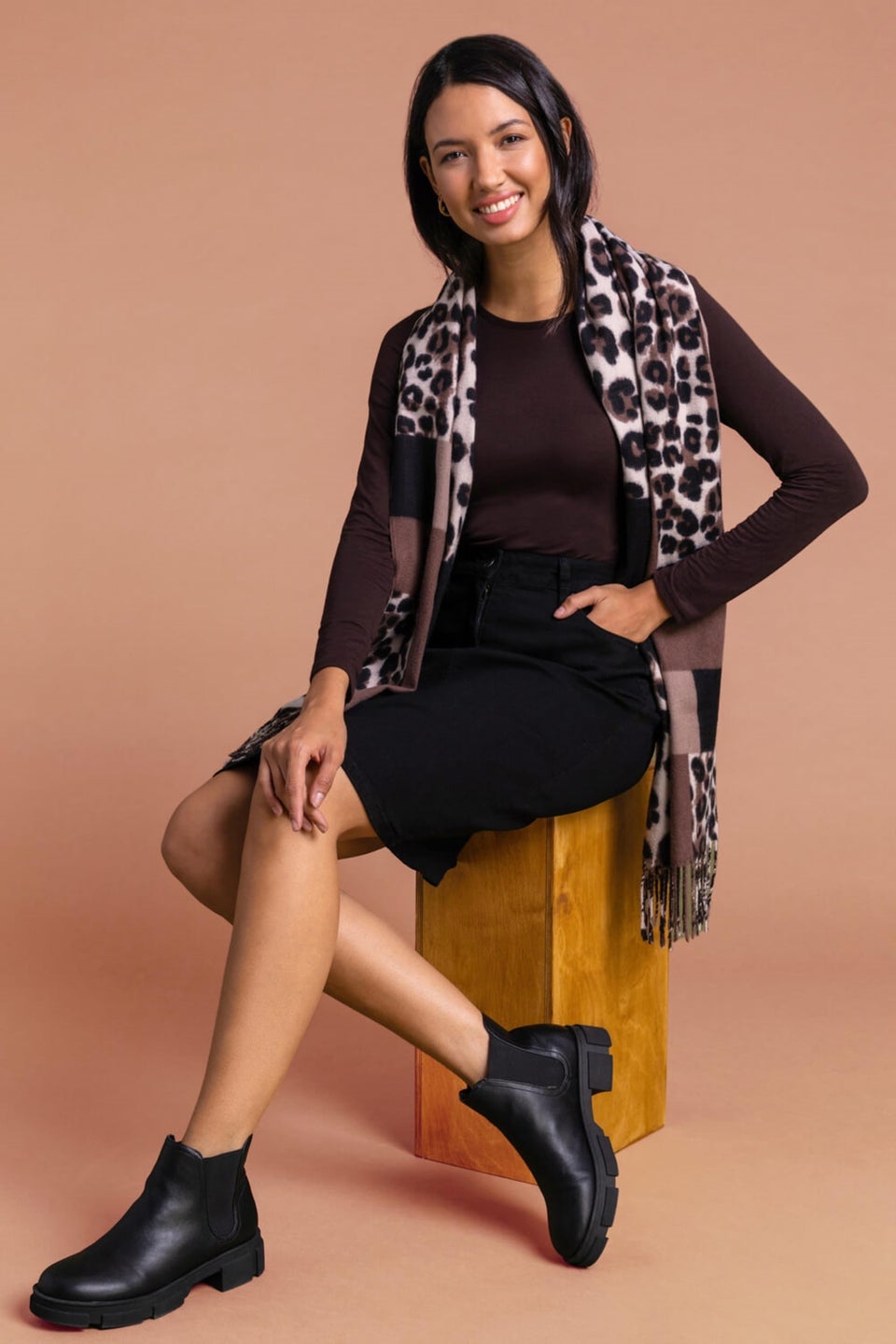 Roman Black Cotton Denim Stretch A line Skirt