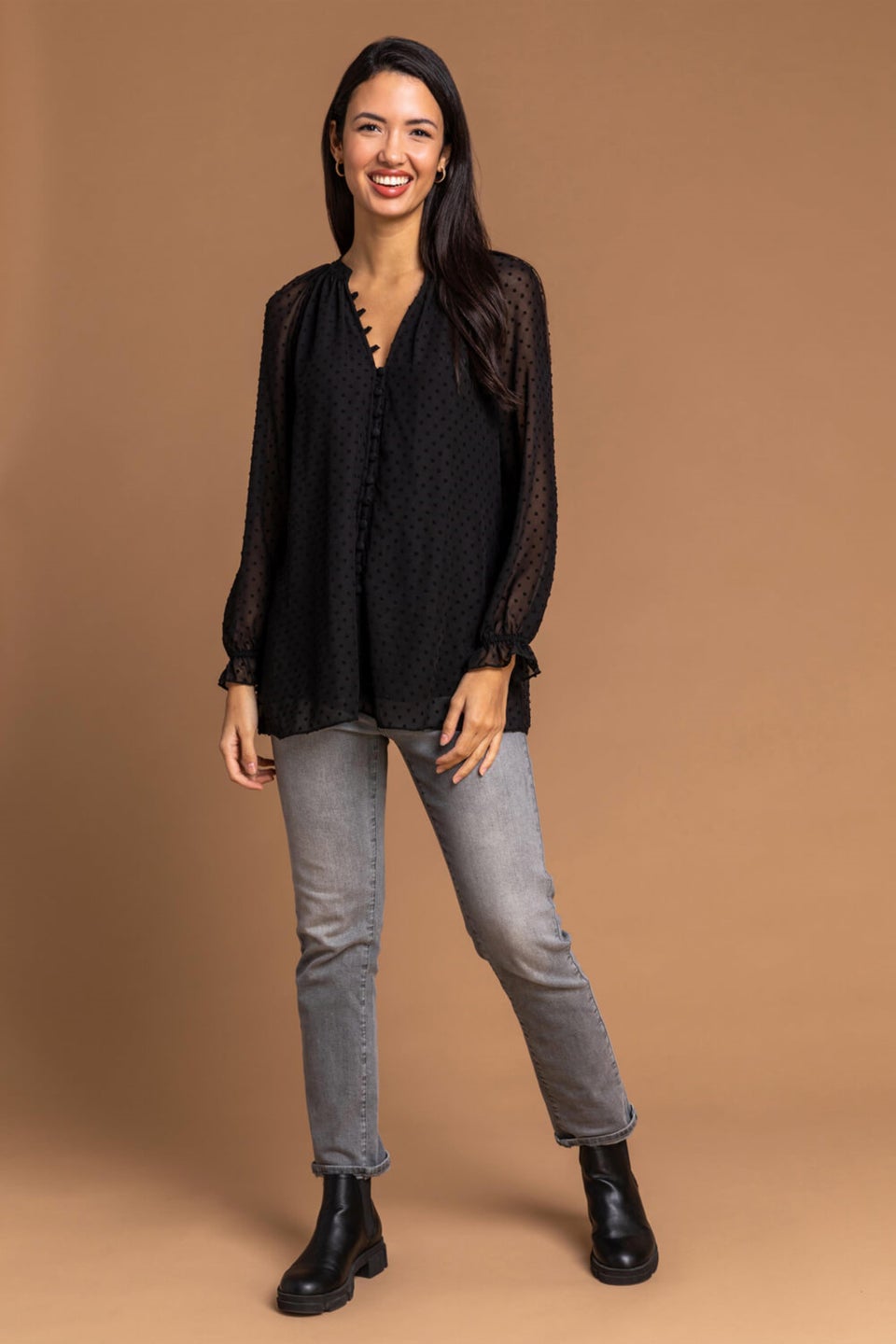 Roman Black Textured Spot Print Long Sleeve Blouse