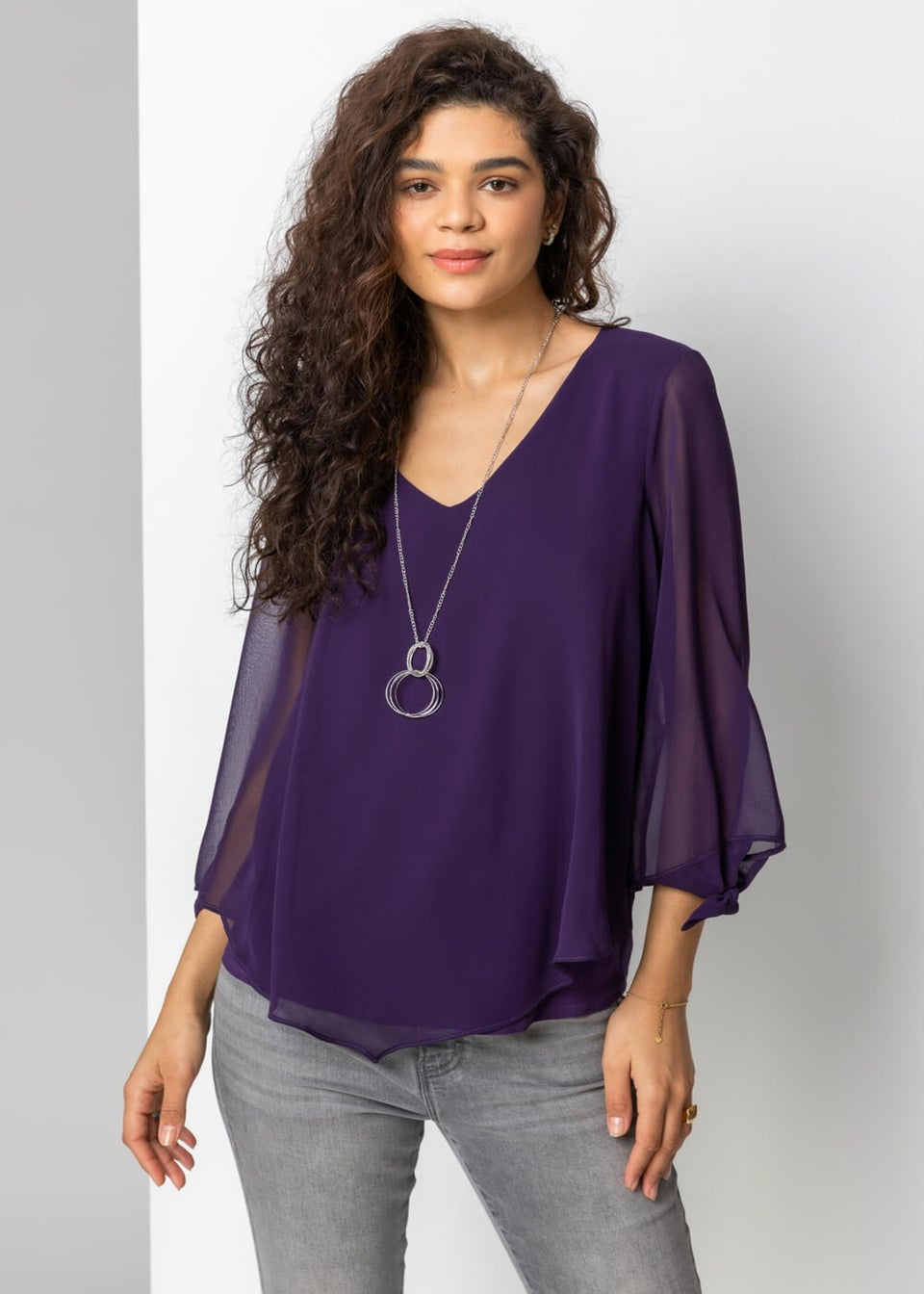 Roman Purple Necklace Trim Jersey 3/4 Sleeve Chiffon Top