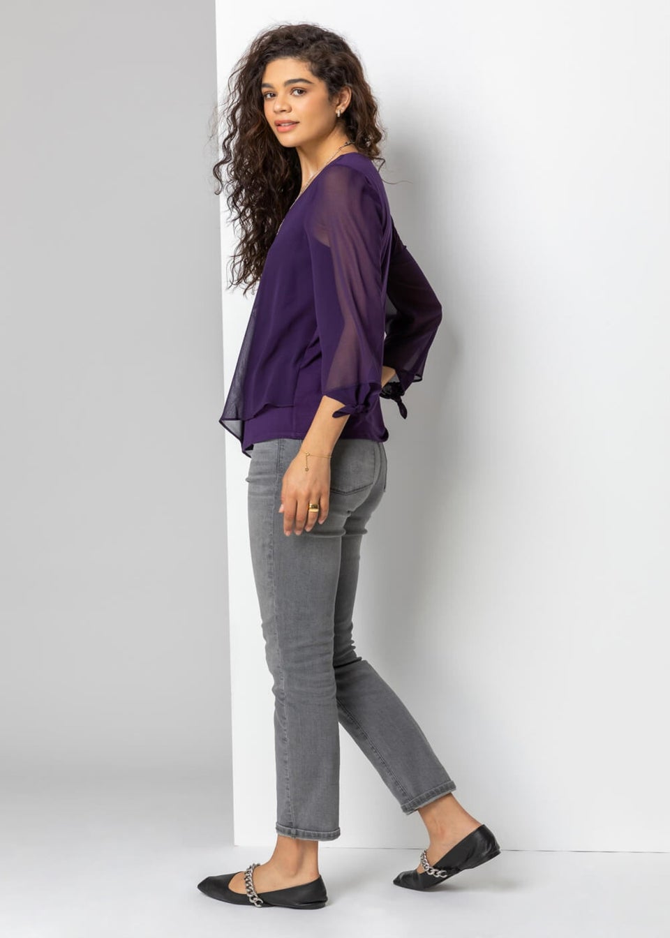 Roman Purple Necklace Trim Jersey 3/4 Sleeve Chiffon Top