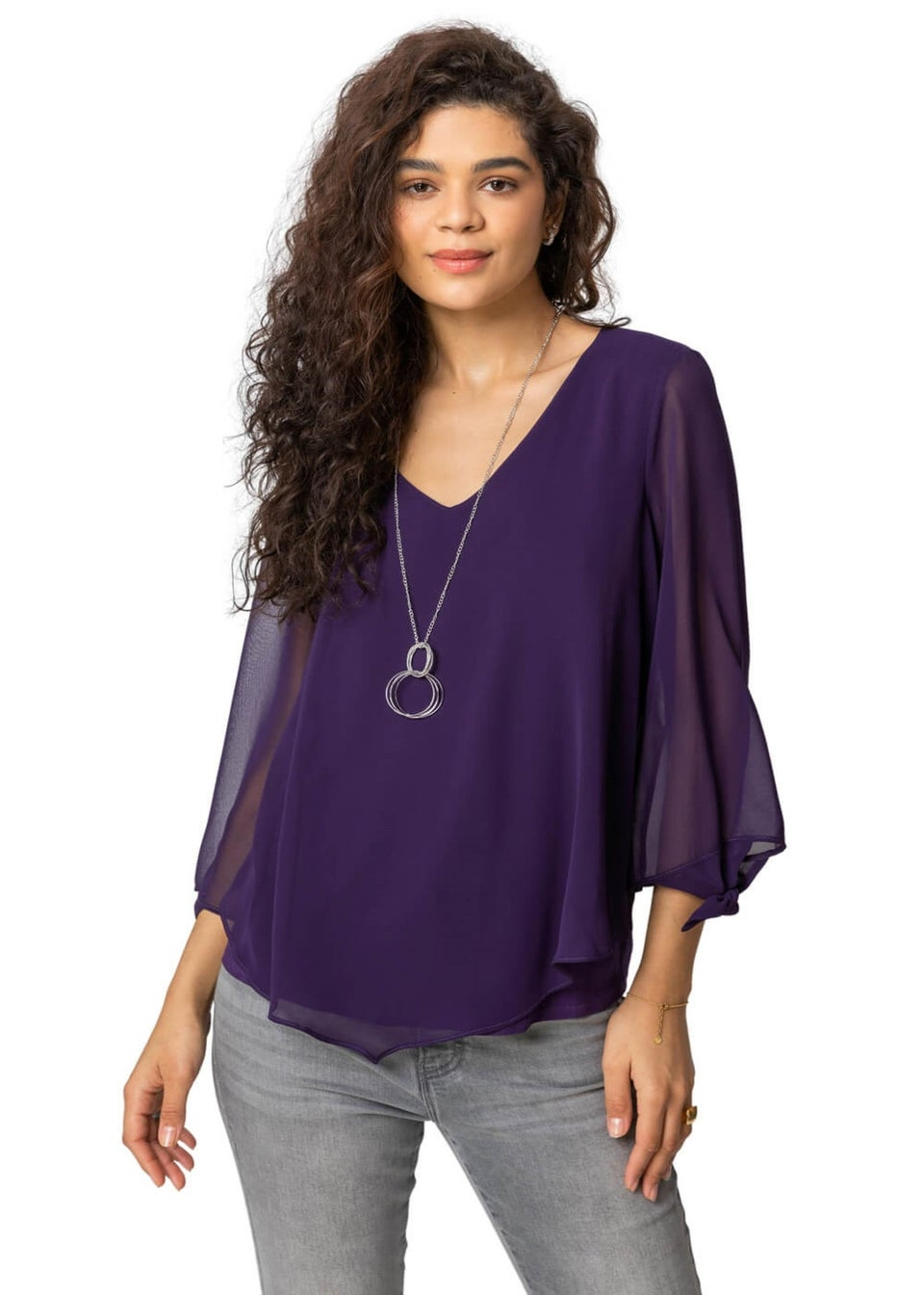 Roman Purple Necklace Trim Jersey 3/4 Sleeve Chiffon Top