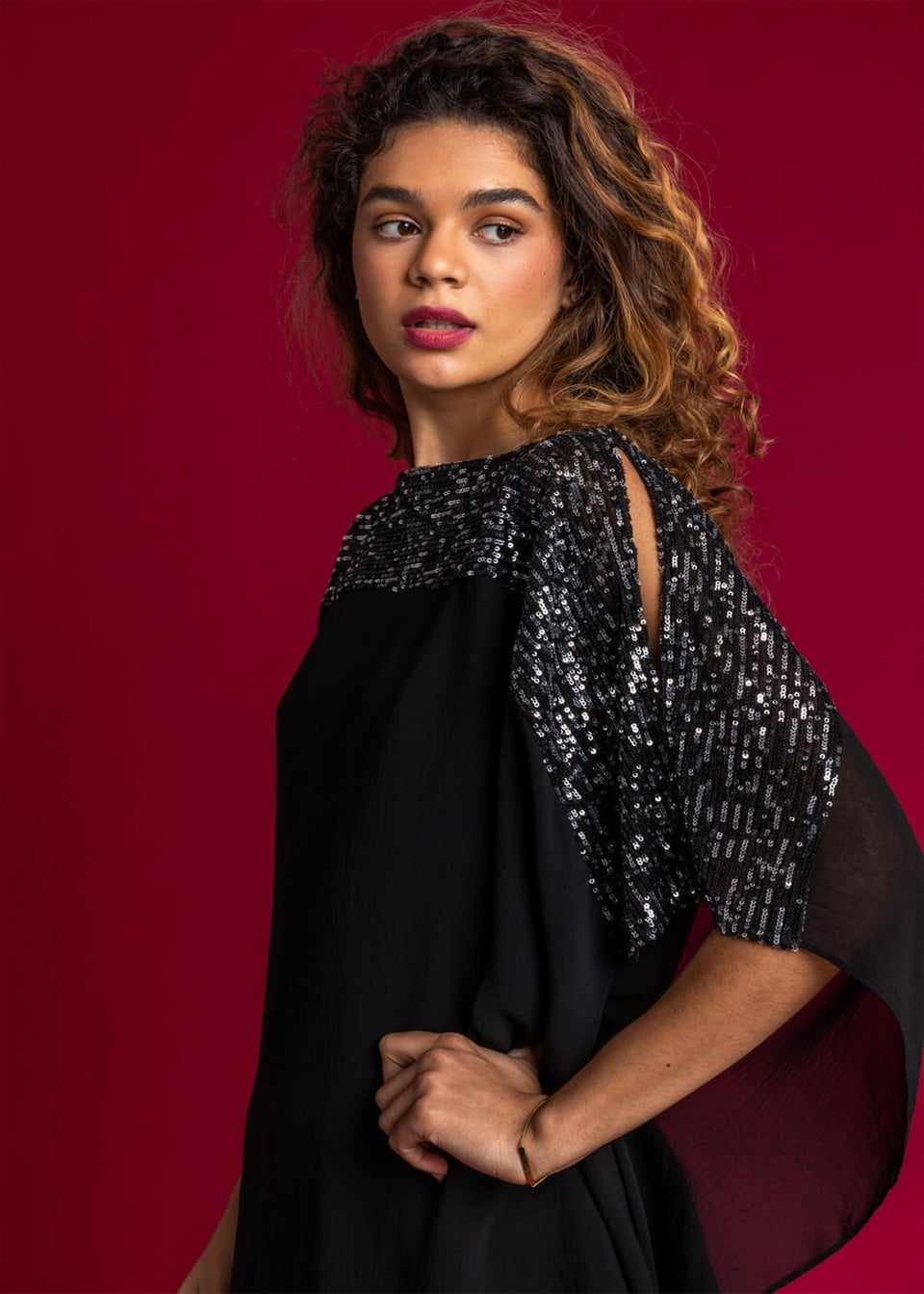 Roman Silver Sequin Embellished Chiffon Overlay Top