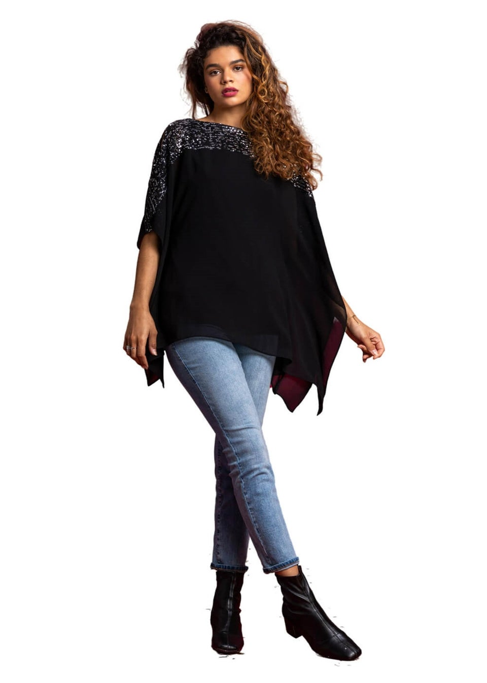 Roman Silver Sequin Embellished Chiffon Overlay Top