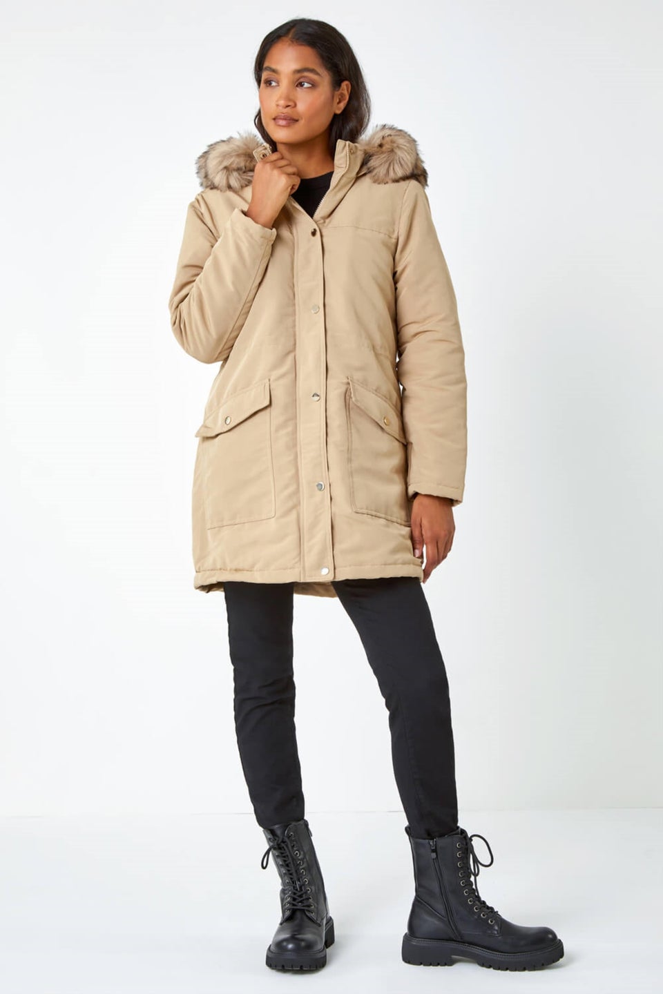 Roman Camel Faux Fur Hooded Parka Coat Matalan