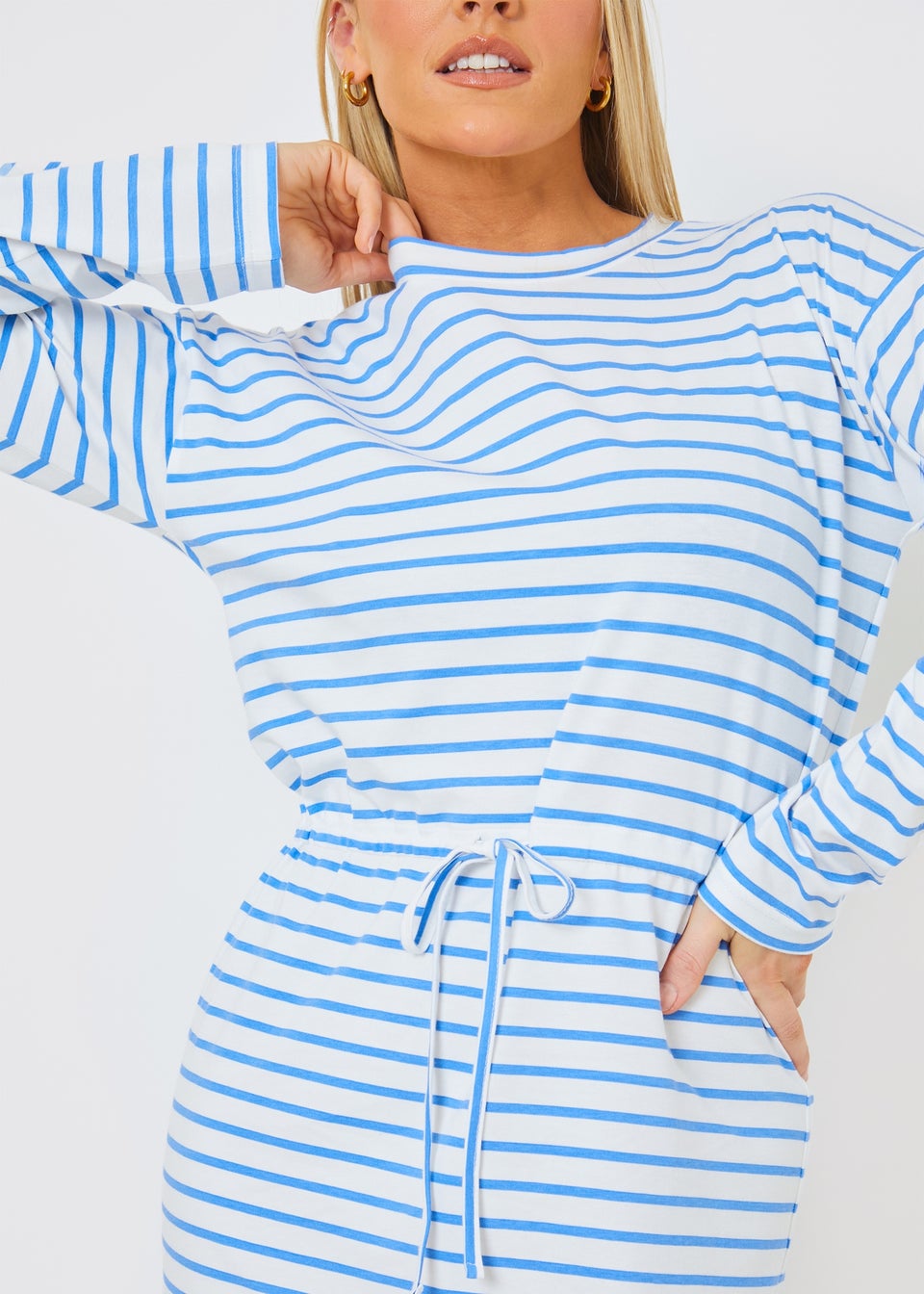 In The Style Blue Stripe Print Drawstring T-Shirt Dress