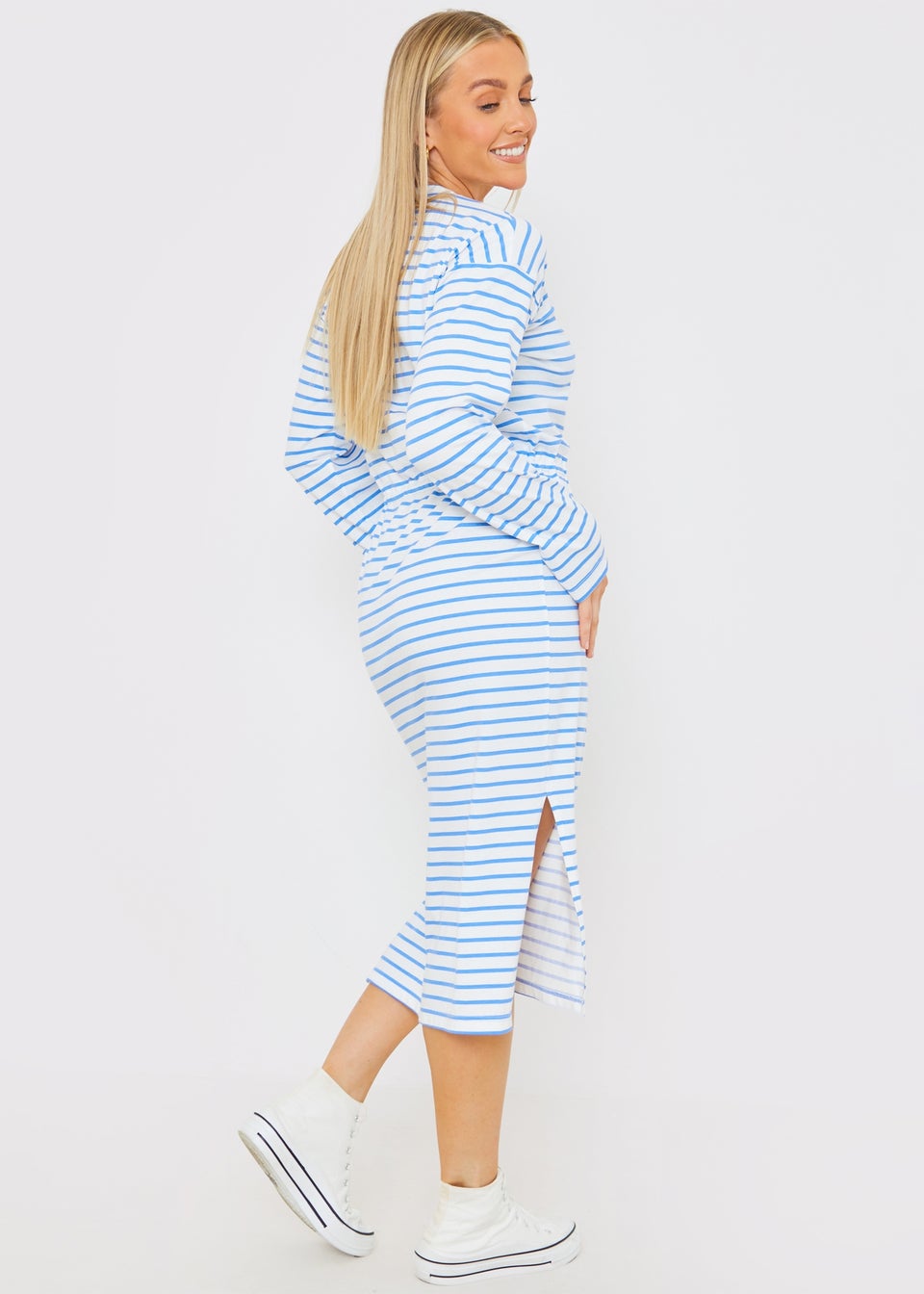 In The Style Blue Stripe Print Drawstring T-Shirt Dress